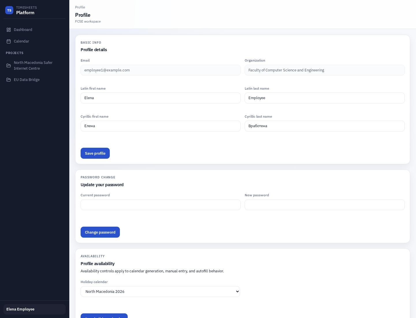 Profile page with personal and availability settings