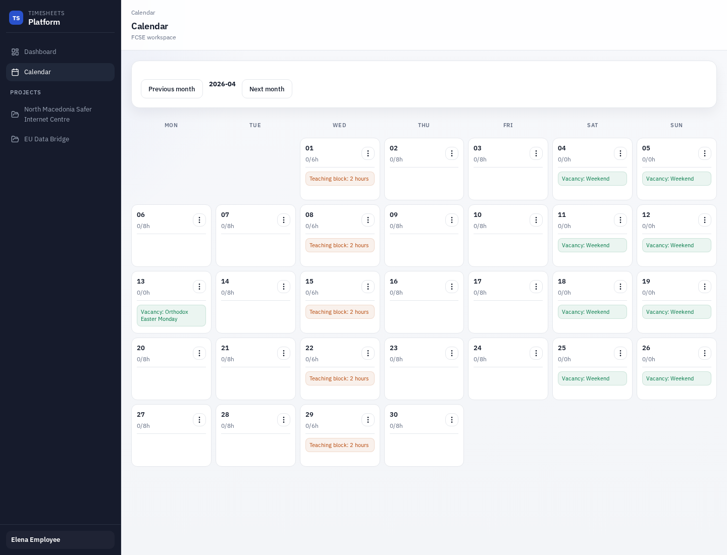 Employee calendar page