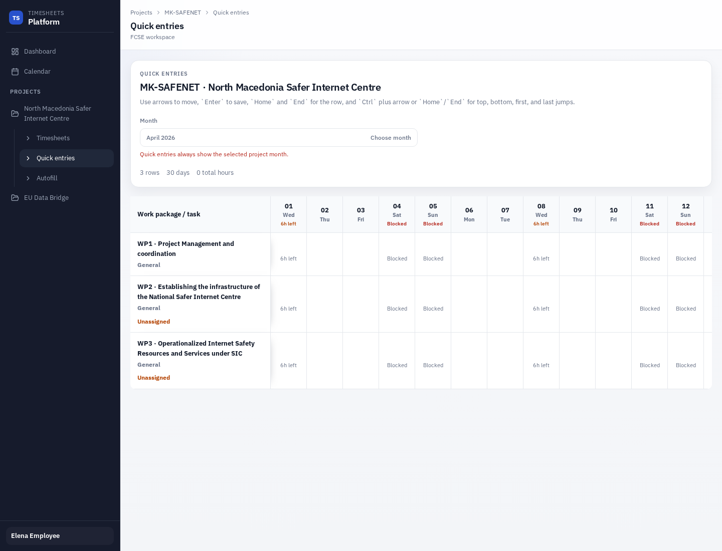 Employee quick entries page