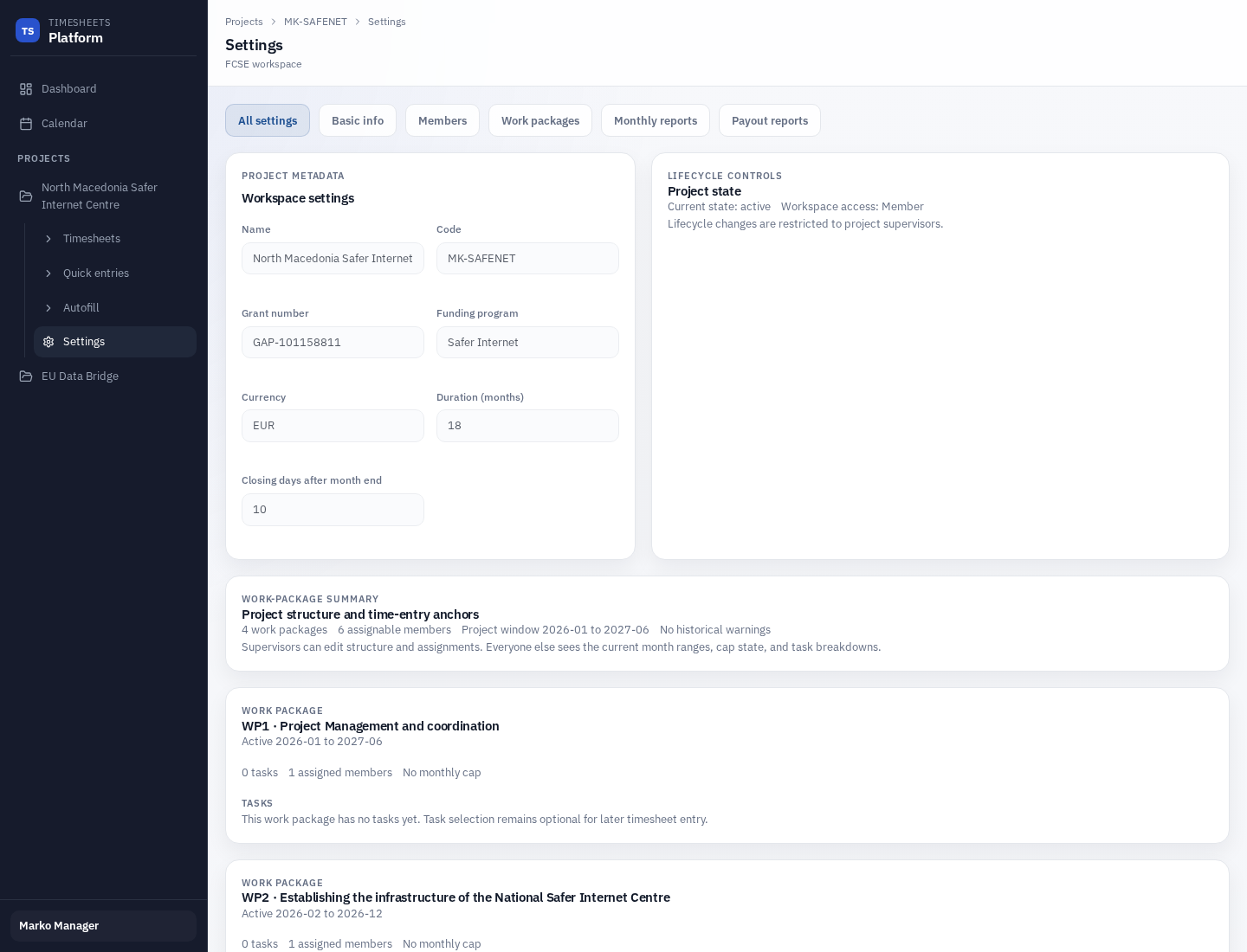 Manager settings page