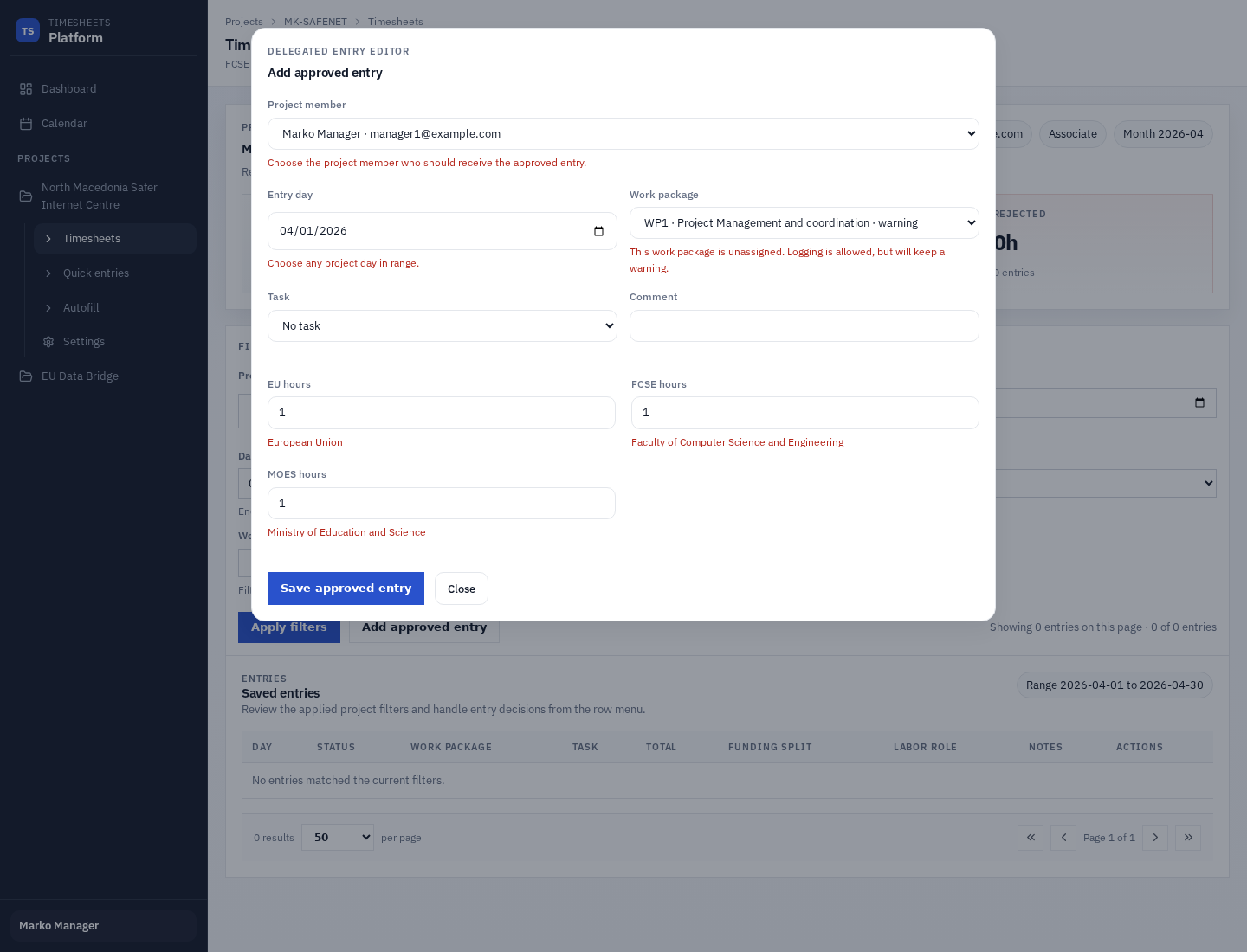 Manager add approved entry dialog