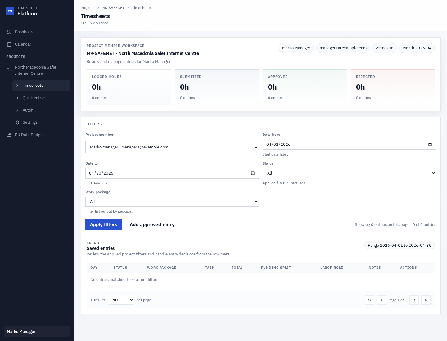 Manager timesheets page