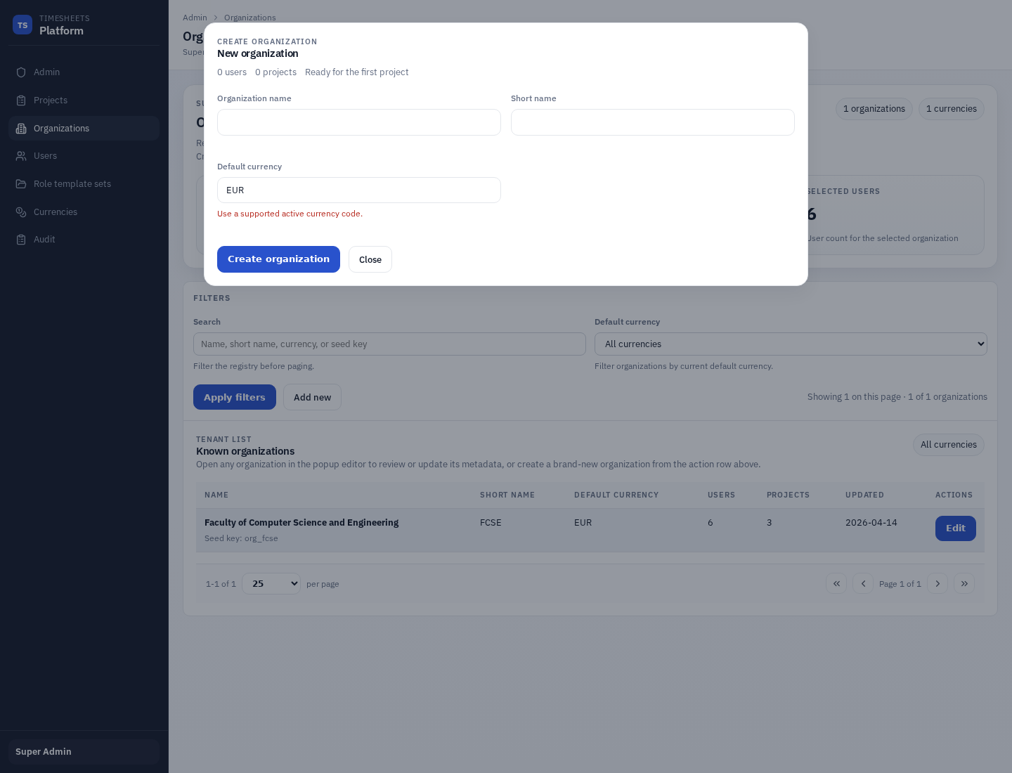 Create organization dialog