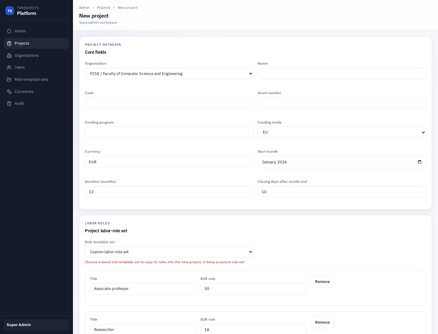 Superadmin create project form