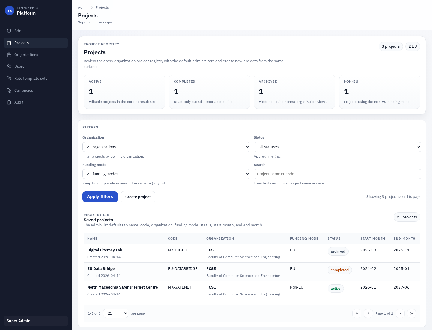Superadmin project registry page