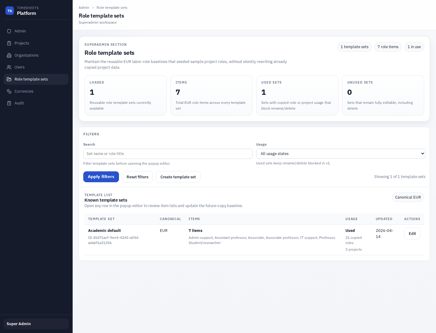Role template sets page