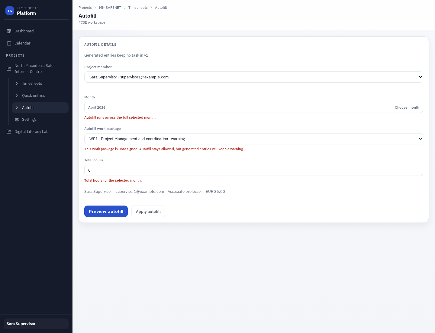 Supervisor autofill page