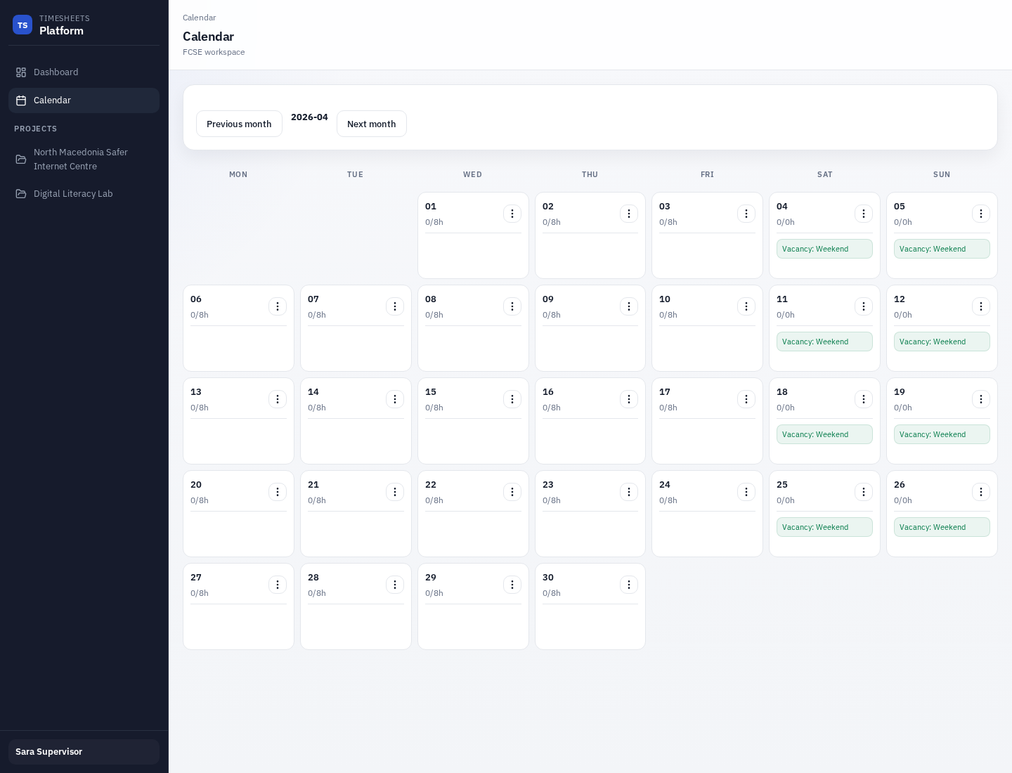 Supervisor calendar page