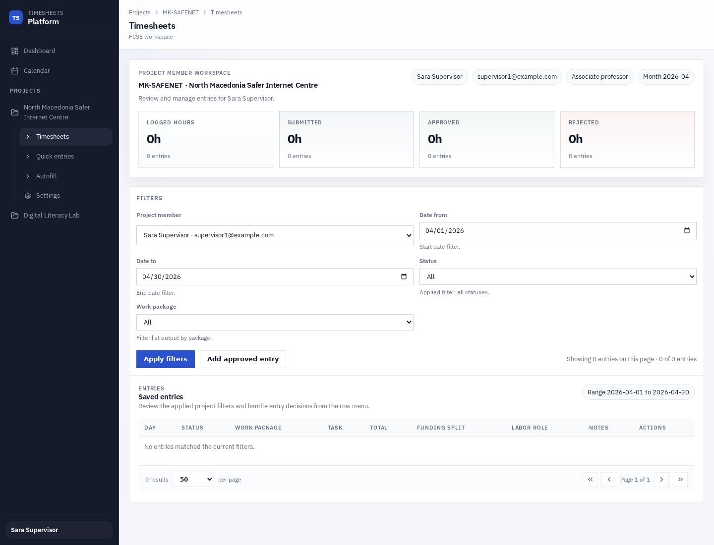 Supervisor timesheets page